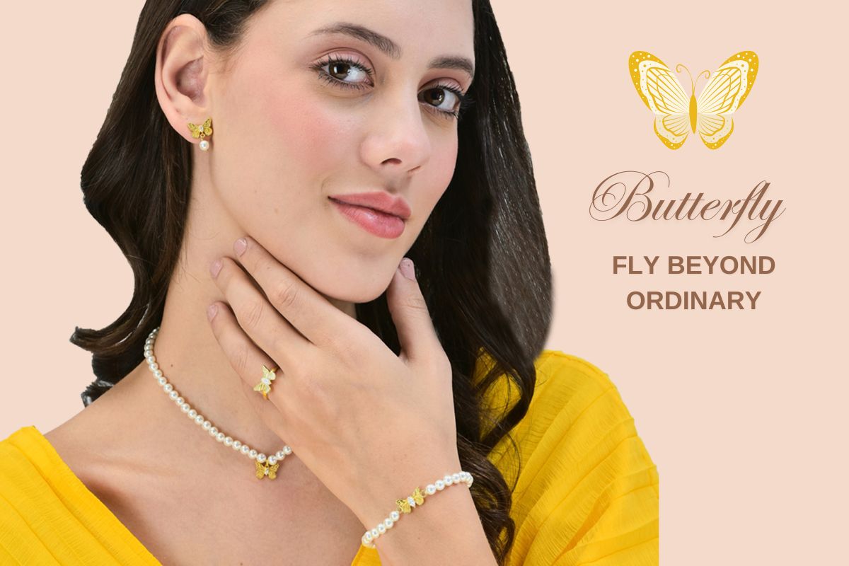Get ready to sparkle and flutter with this fabulous collection! Golden Butterfly featuring a marquee zircon diamond that will brighten your day and surrounded by wings so intricate, they'll make even butterflies jealous!