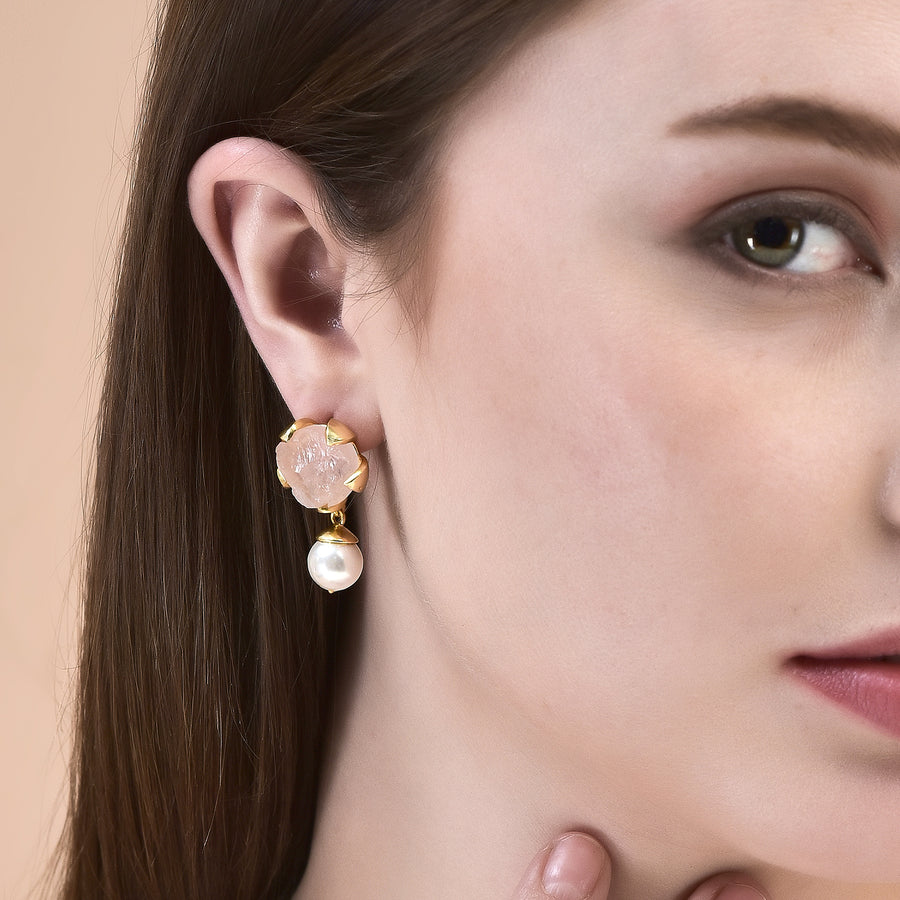 Rose Quartz Petal Pearl Earring