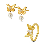 Set of Two - Golden Butterfly Ring & Pearl-drop Earring