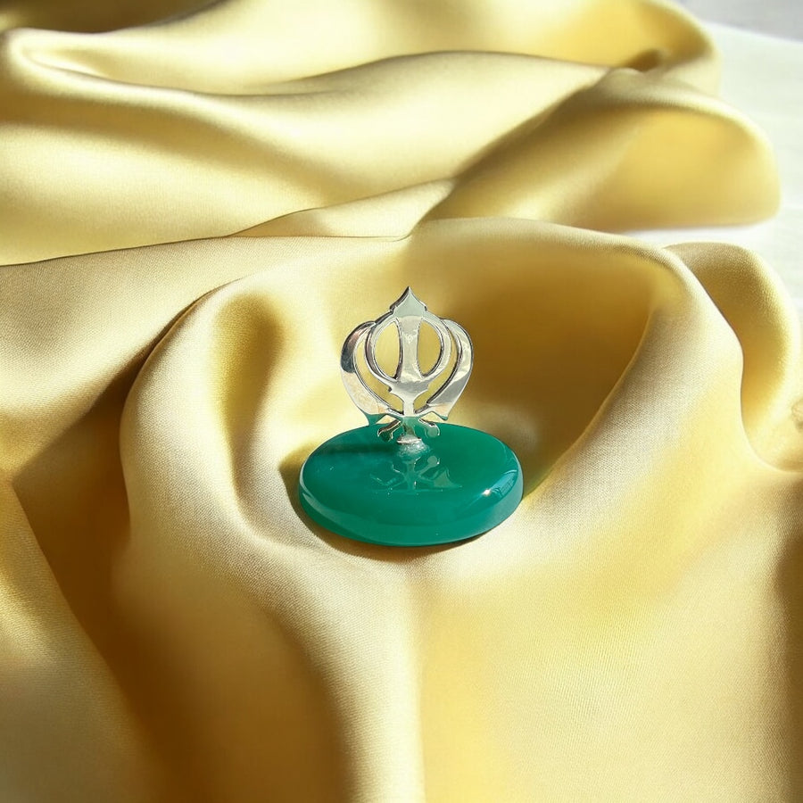 Waheguru's Khanda Blessing in 92.5 Silver with Green Onyx