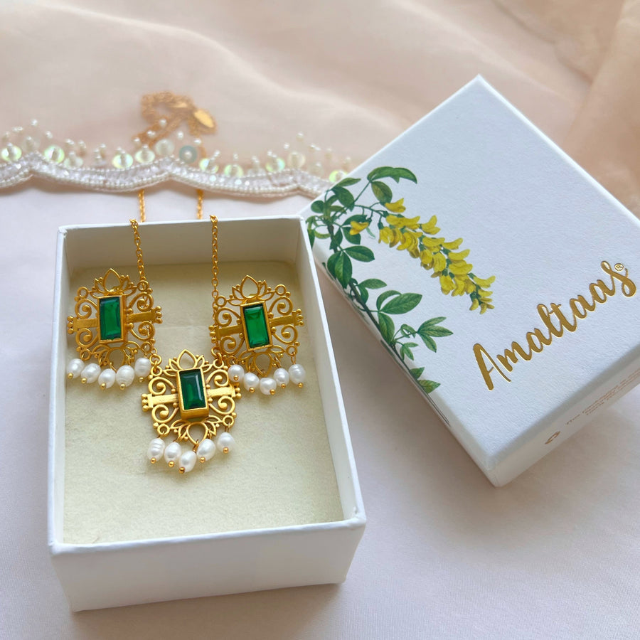 Green Shagun Stud & Necklace Gift set