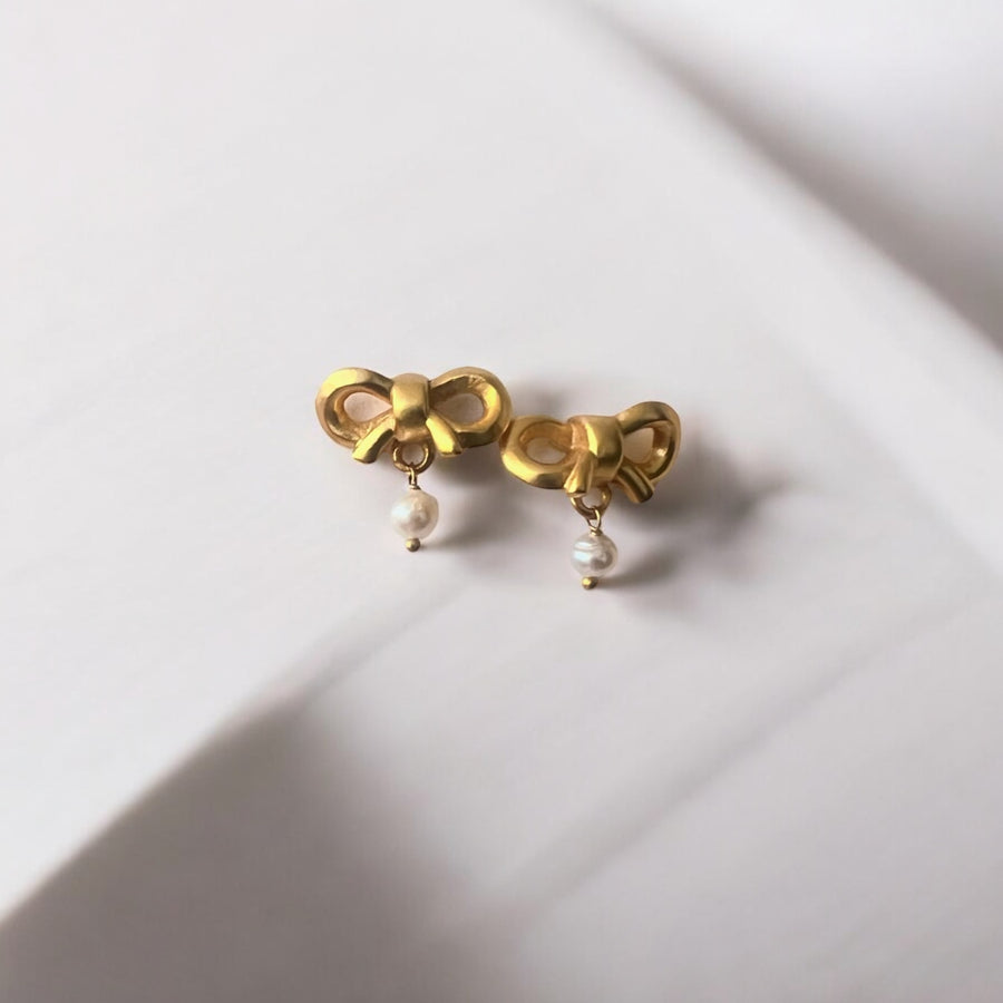 Pearl Bow Golden Earring (with 22k Gold Plating)