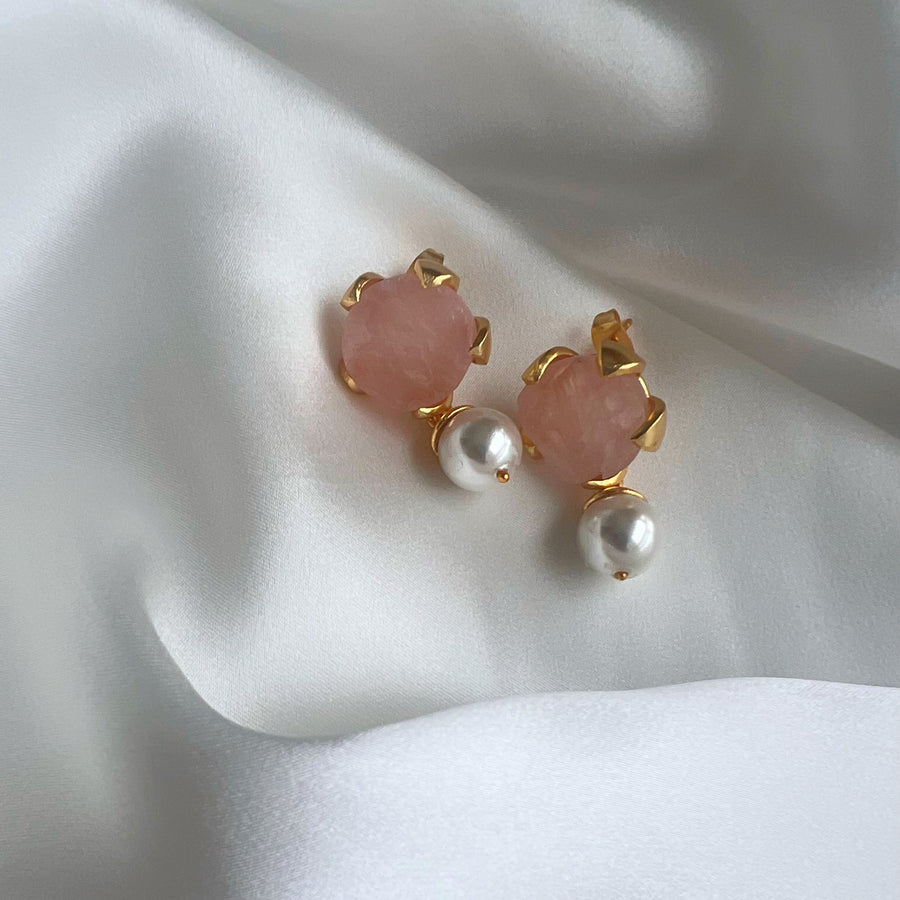 Rose Quartz Petal Pearl Earring