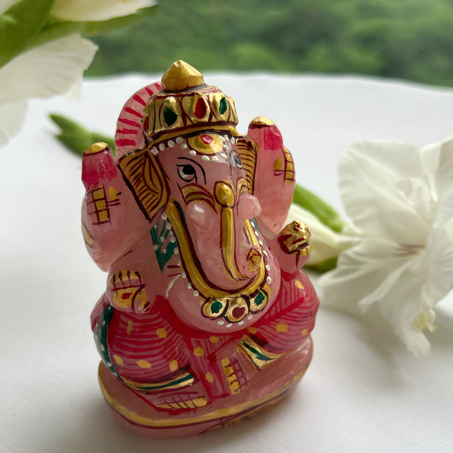 BLESSED HOME - Ganesh Ji Rose Quartz, Hand-painted Statue