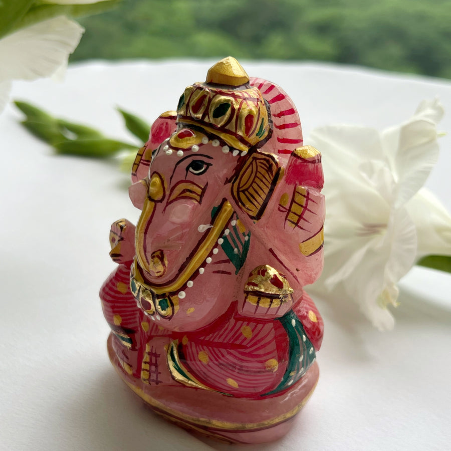 BLESSED HOME - Ganesh Ji Rose Quartz, Hand-painted Statue