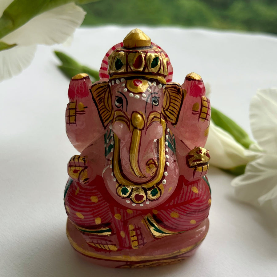 BLESSED HOME - Ganesh Ji Rose Quartz, Hand-painted Statue